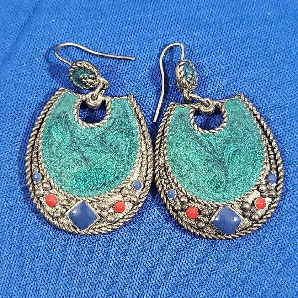 Vtg Edgar Berebi Earring Southwest Seafoam Enamel Pierced Dangle Earrings Signed